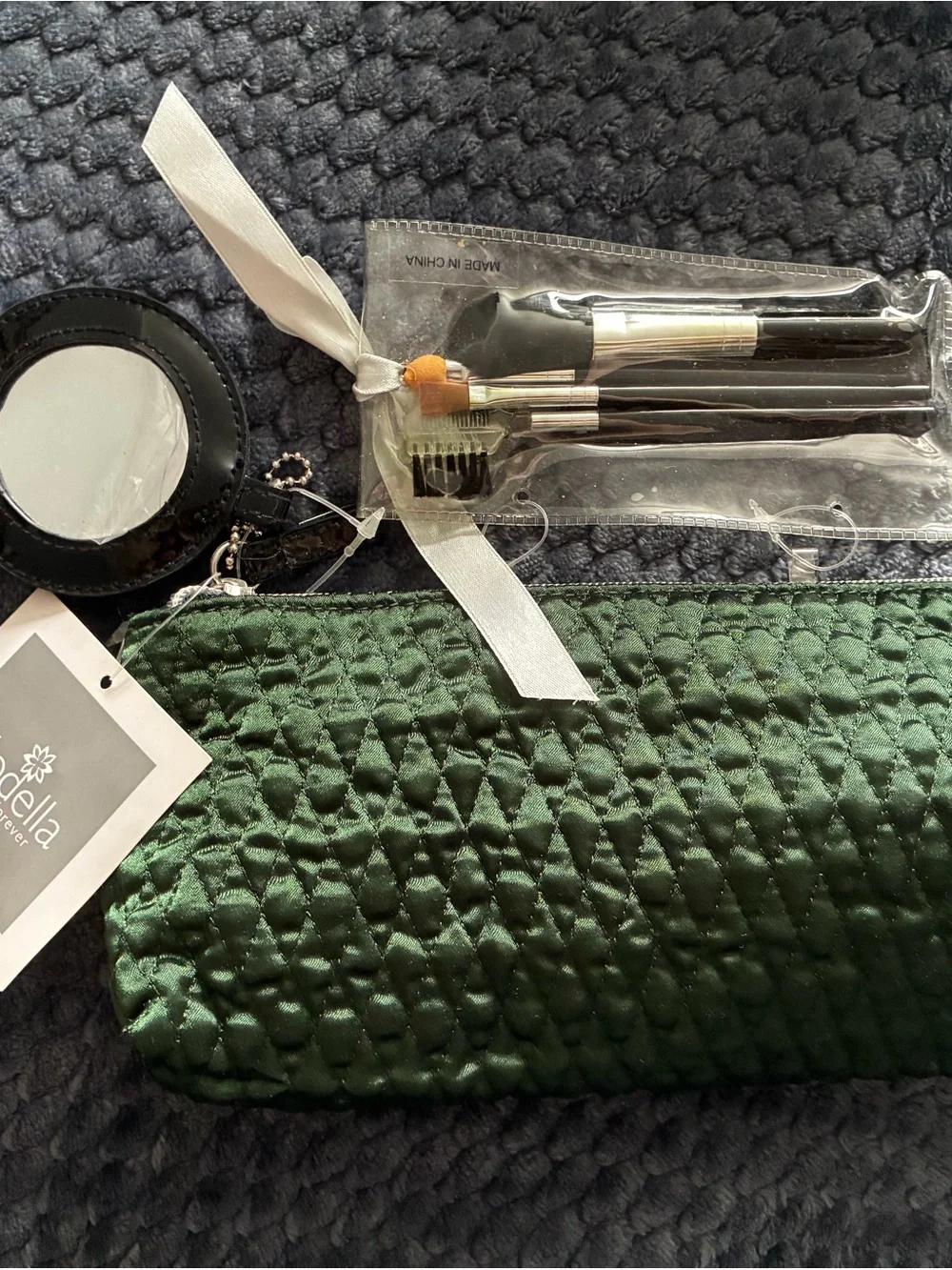 Modella Green Quilted Cosmetic and/or Phone Pouch with Mirror